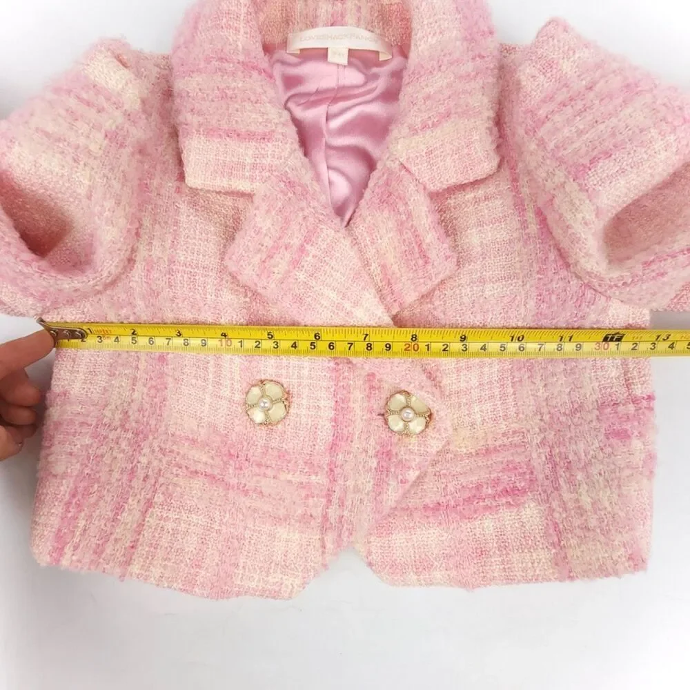 NEW LoveShackFancy Girls Tweed Kip Blazer Jacket Wool Puff Sleeve Old Money Pink